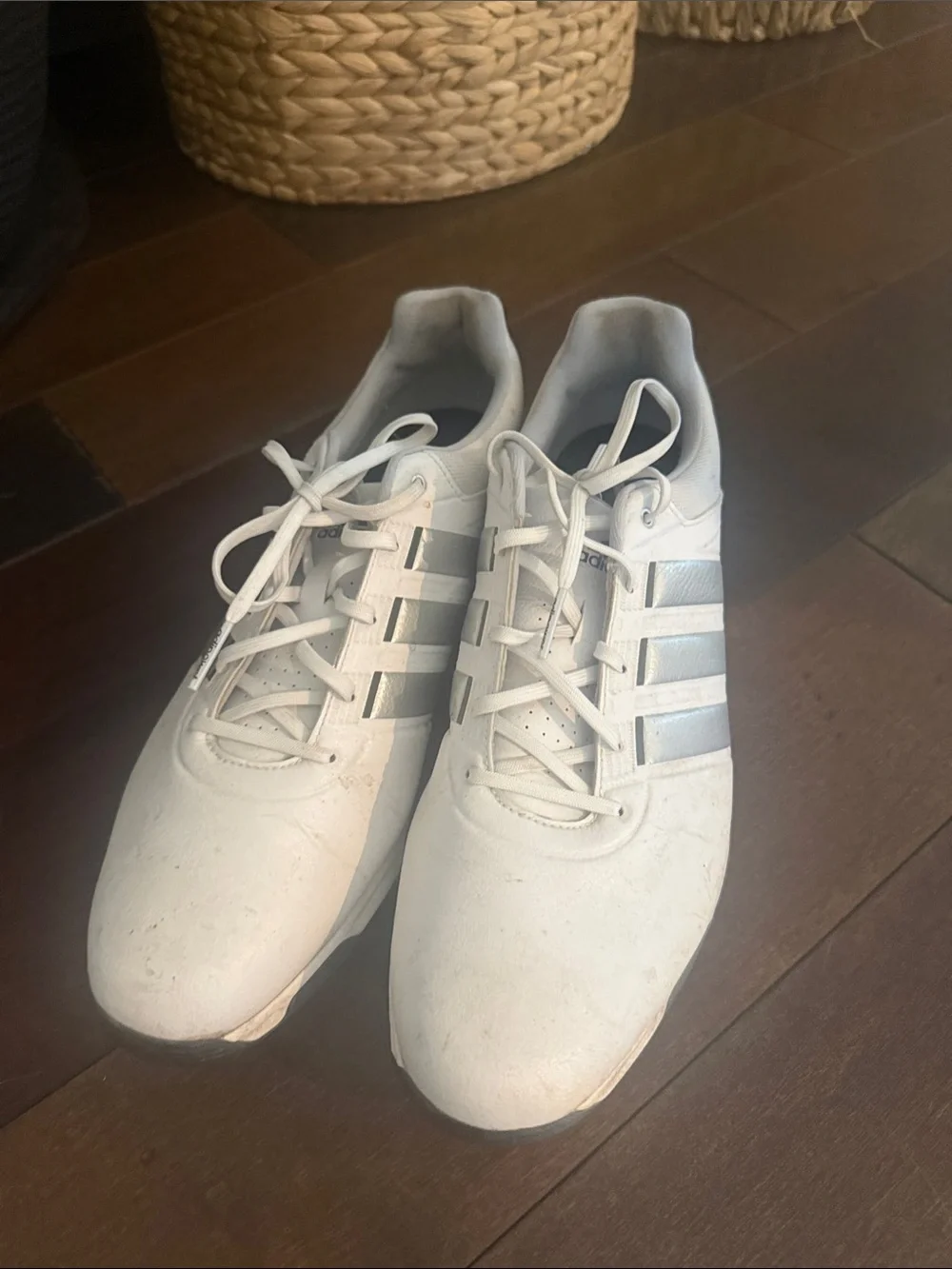 adidas adi power golf shoes White Sneakers with Silver Stripes